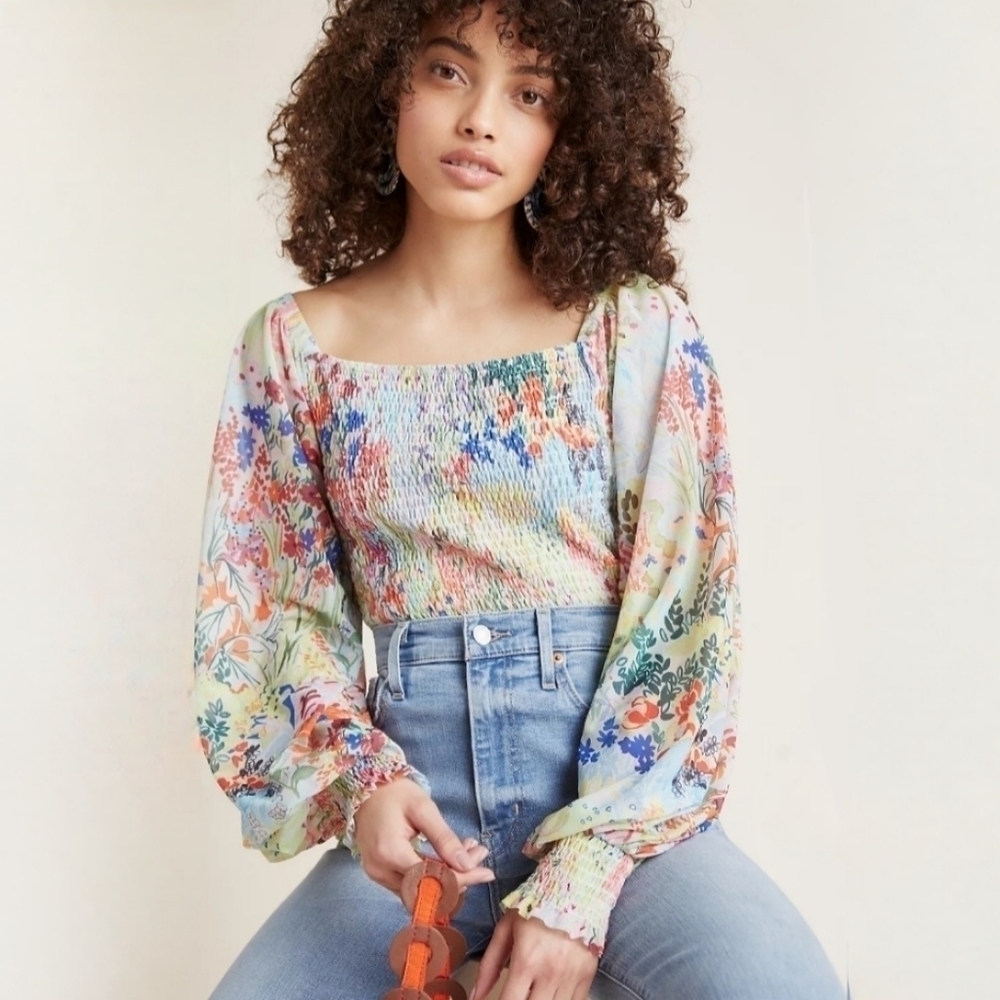 Anthropologie Smocked Floral Blouse XS
